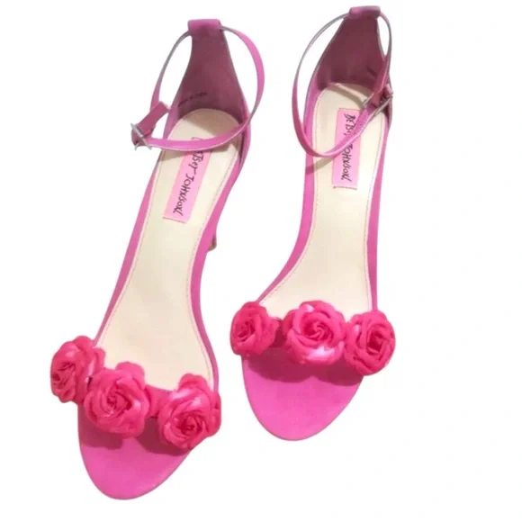 BETSEY JOHNSON Bromme Fuchsia Fabric Floral Dress Sandal Open Toe Heels Size 7 - Picture 6 of 11